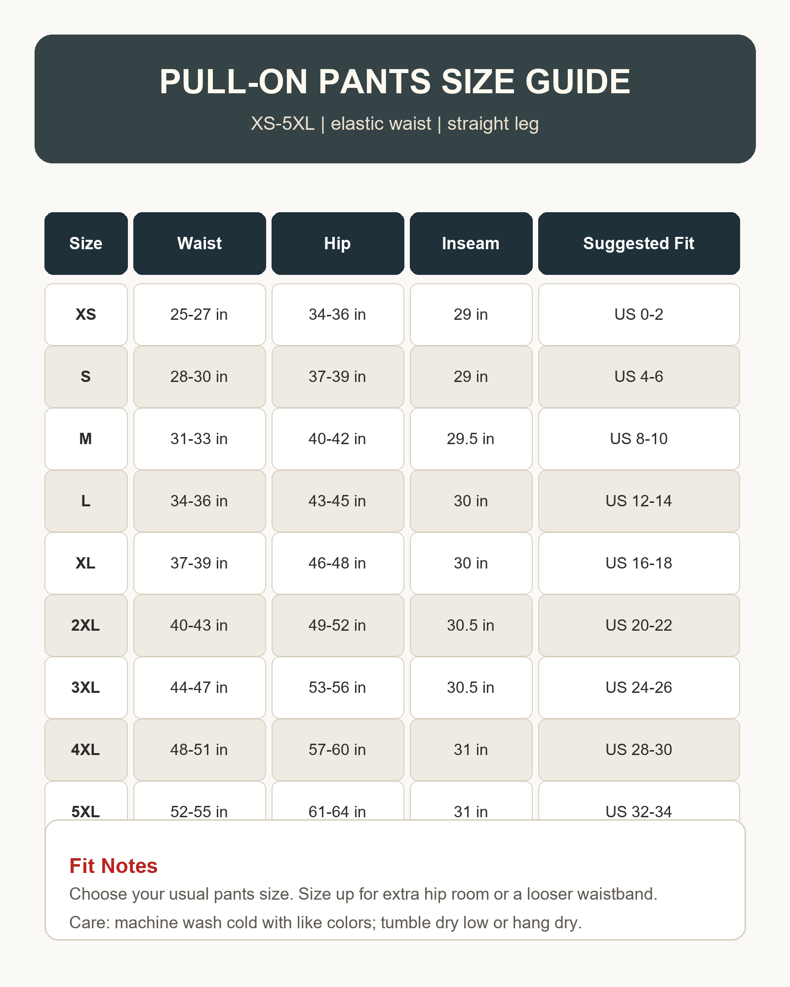 Women's pull-on pants size chart XS to 5XL