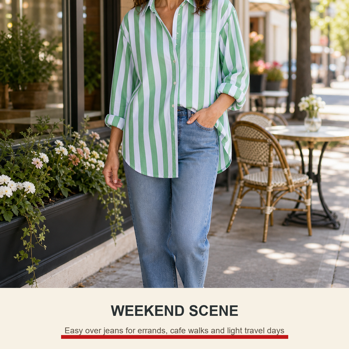Oversized striped cotton button-down shirt worn for a weekend scene