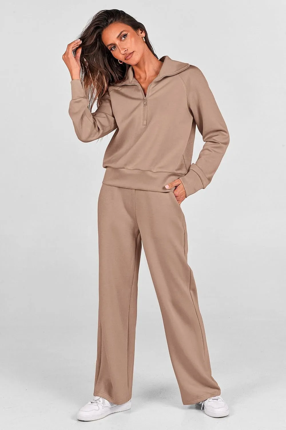 Women's 2 Piece Outfits Casual Lapel Half Zip Sweatshirts And Wide Leg Pants Tracksuit Sets