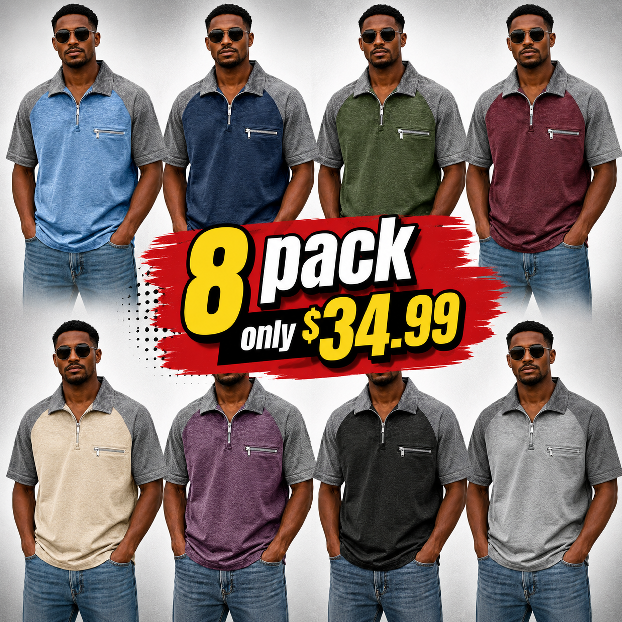  Men's Polo Shirts 100% Cotton Acid Wash Shirt Casual Streetwear Lapel Quarter Zip Short Sleeve Fashion Basic Plain Color Block Distressed Spring & Summer Relaxed Fit Navy Blue Army