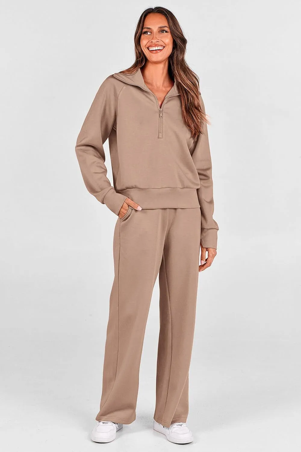 Women's 2 Piece Outfits Casual Lapel Half Zip Sweatshirts And Wide Leg Pants Tracksuit Sets