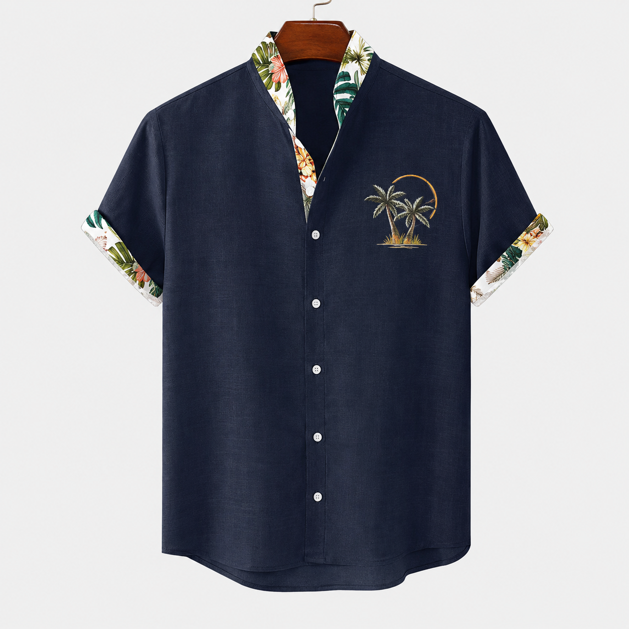 Men’s Casual Short Sleeve Button Shirt with Tropical Trim