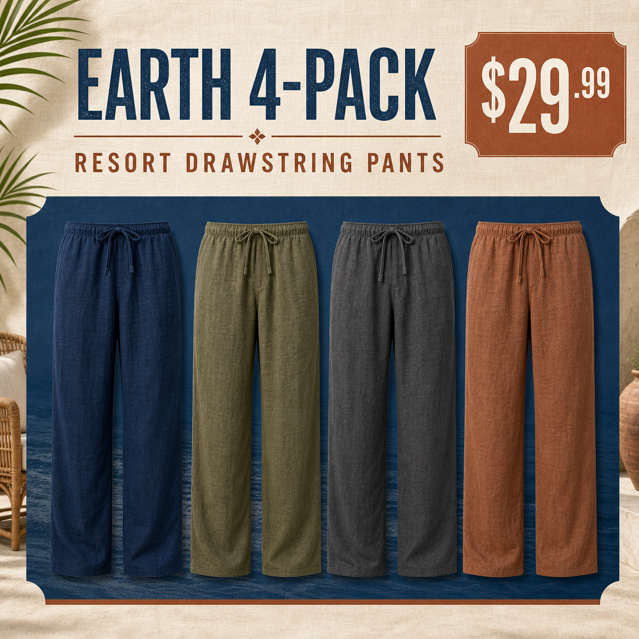 Men's Linen-Blend Drawstring Resort Pants