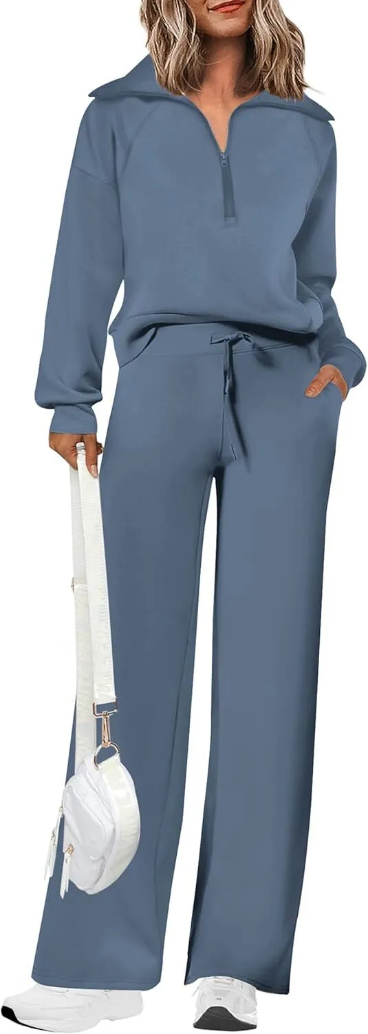 Women's 2 Piece Outfits Casual Lapel Half Zip Sweatshirts And Wide Leg Pants Tracksuit Sets