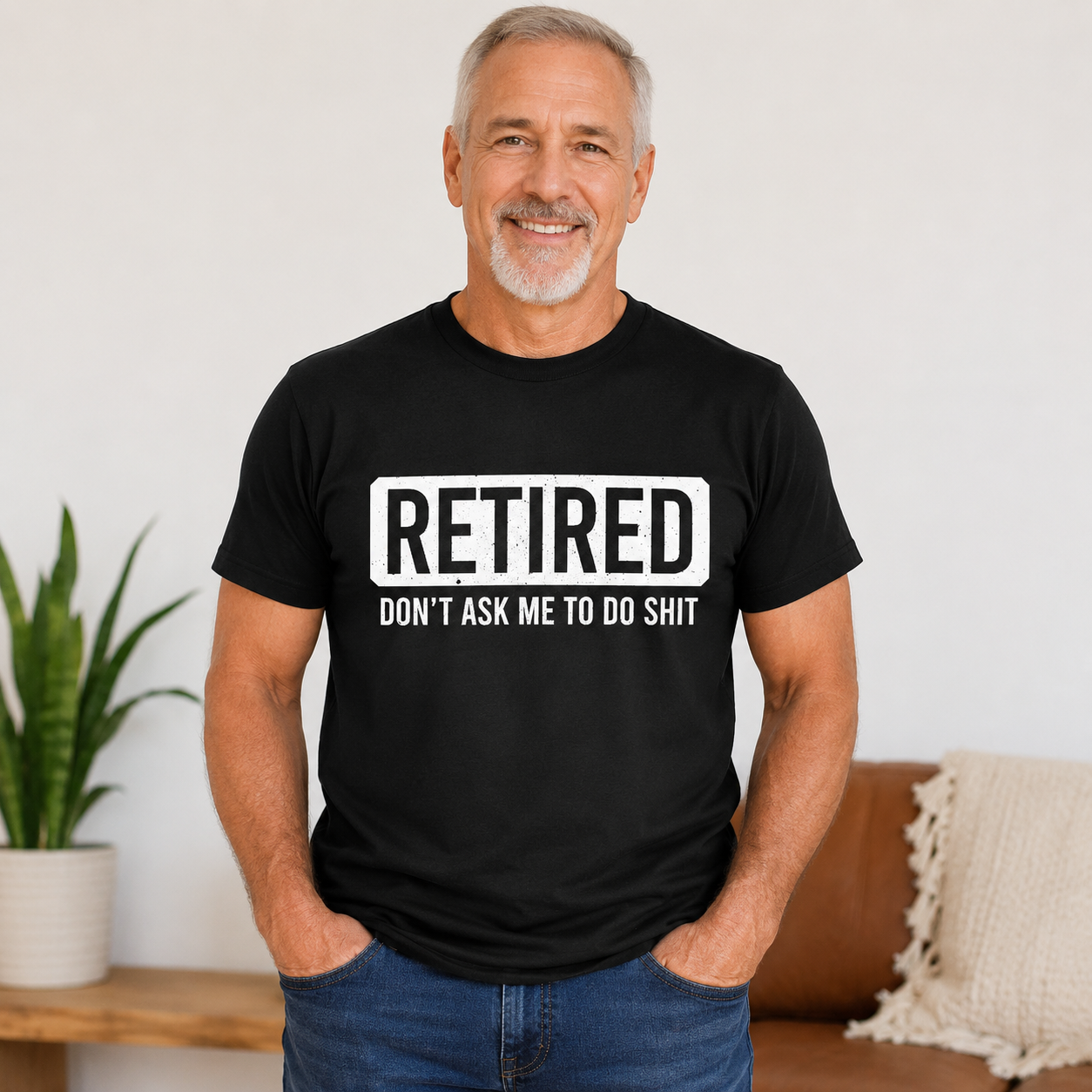 Model wearing Retired T-shirt indoors