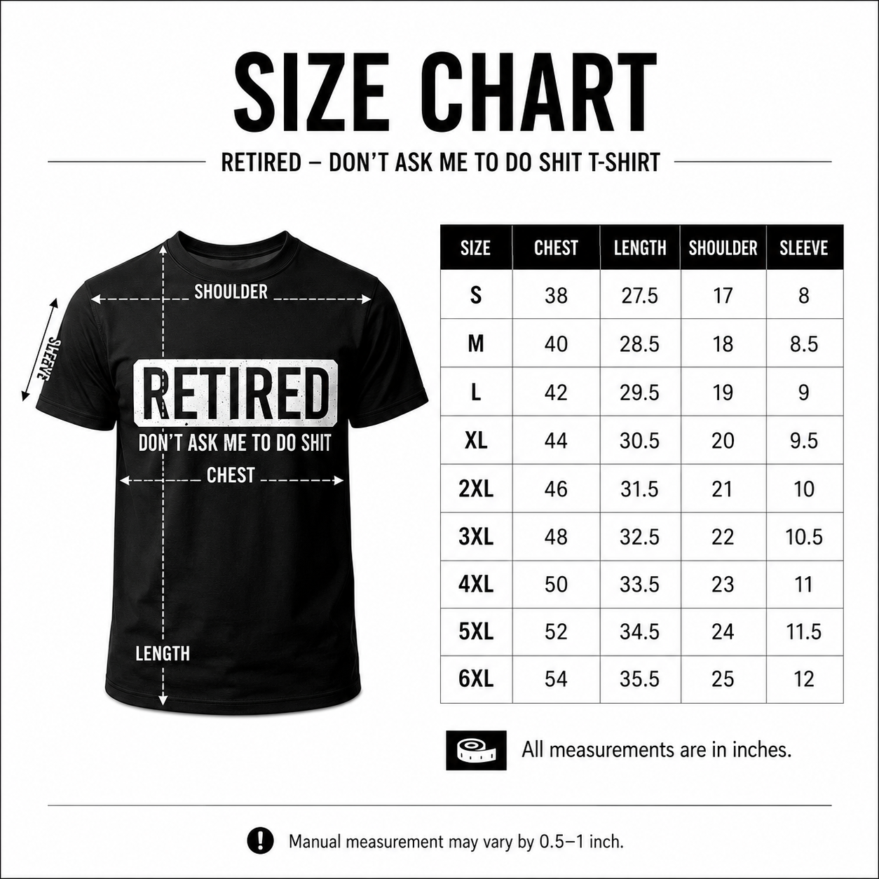 Size chart S to 6XL