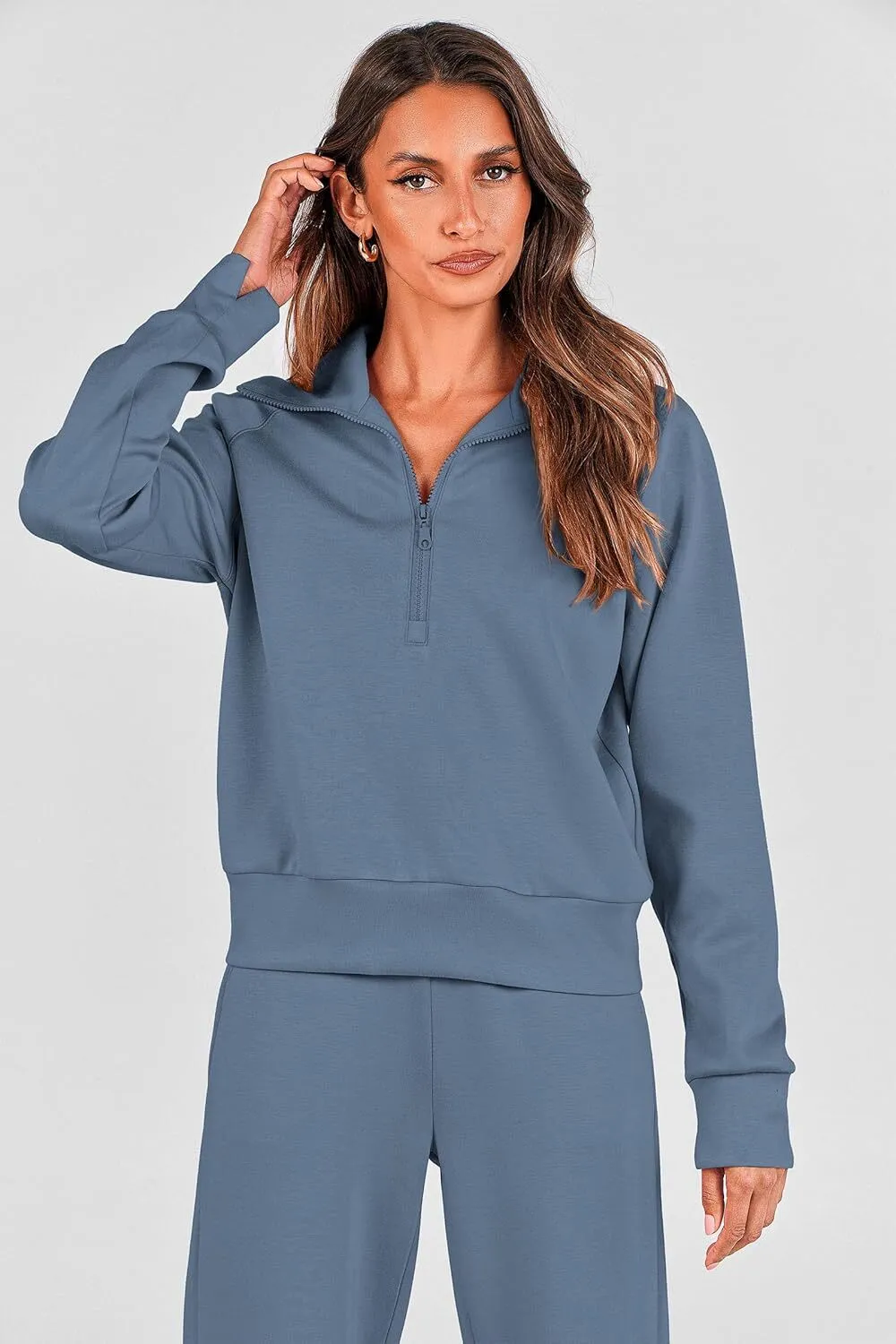 Women's 2 Piece Outfits Casual Lapel Half Zip Sweatshirts And Wide Leg Pants Tracksuit Sets