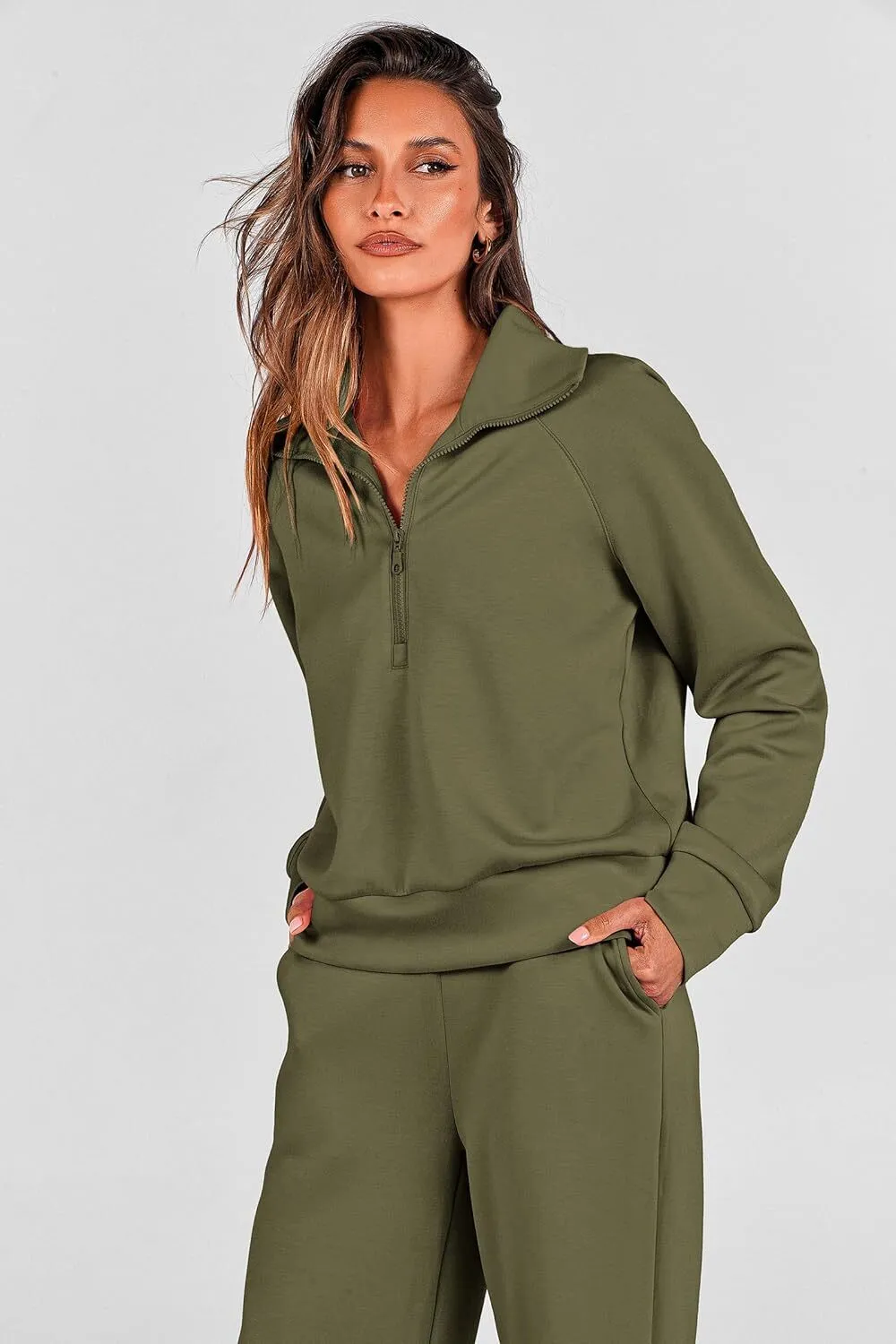 Women's 2 Piece Outfits Casual Lapel Half Zip Sweatshirts And Wide Leg Pants Tracksuit Sets