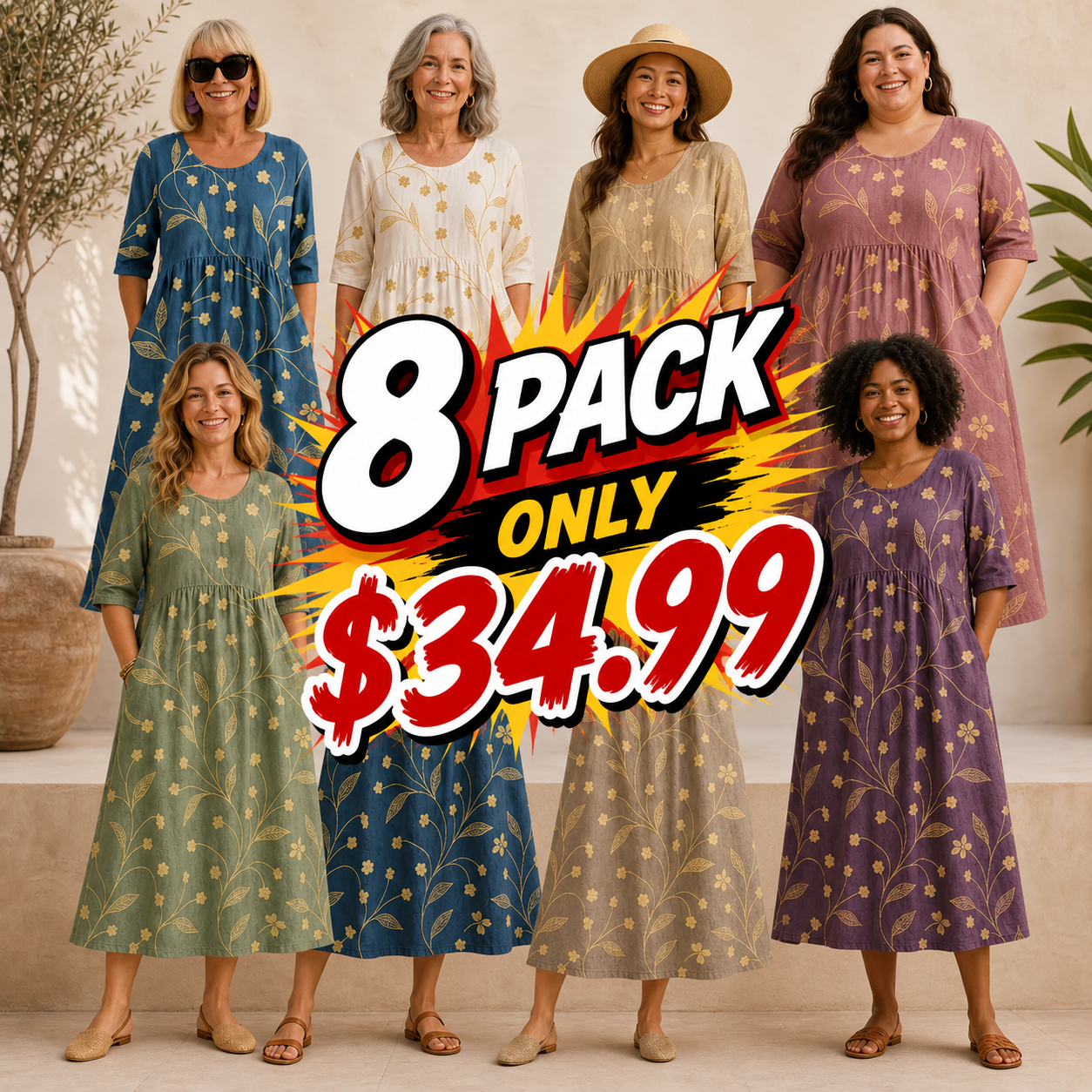Pack & Save 8-Pack Women's Printed Round-Neck Empire-Waist Midi Dresses, Relaxed Casual Pocket Fit