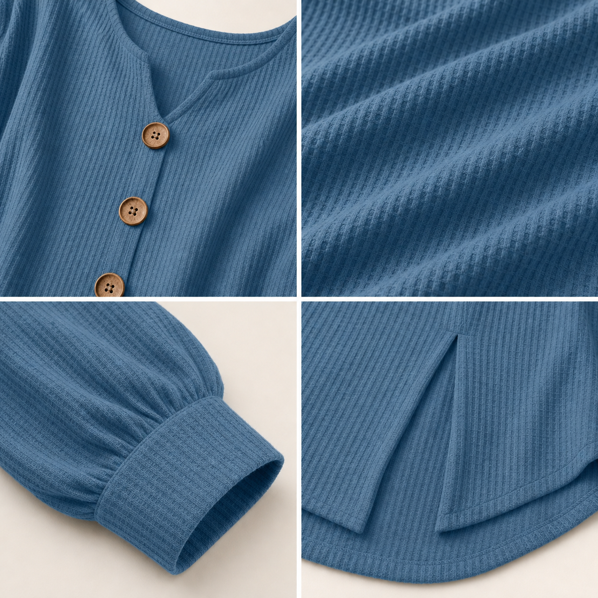 T3u0716002 V neckline button cuff hem pleat and waffle texture details