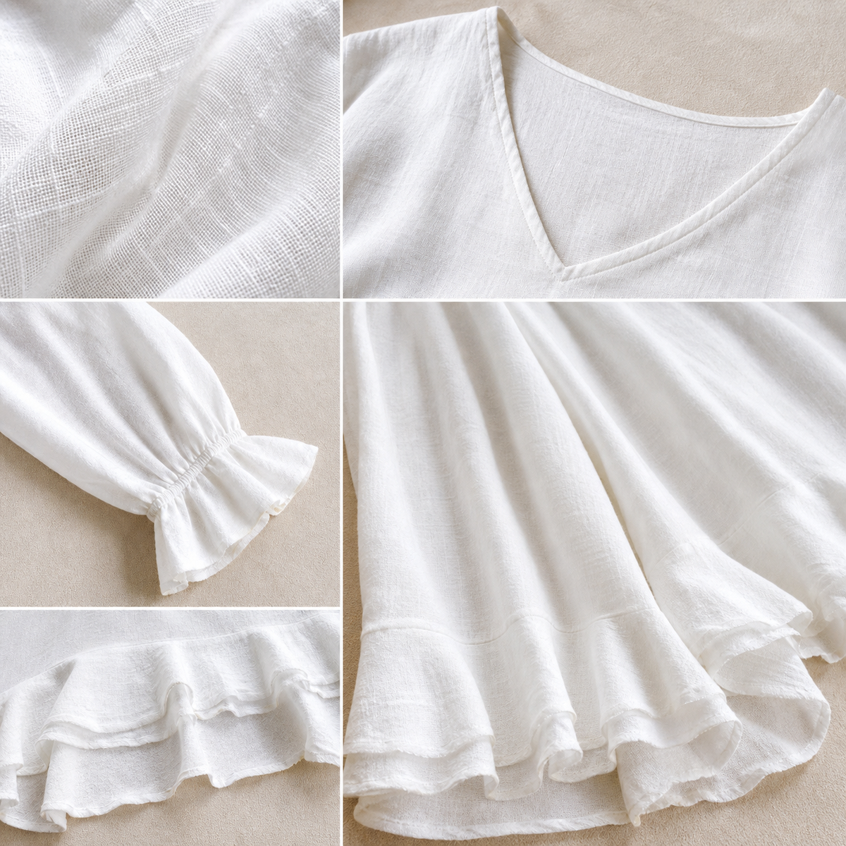 4tu0723001 cotton linen fabric V neckline gathered cuff and ruffle hem details