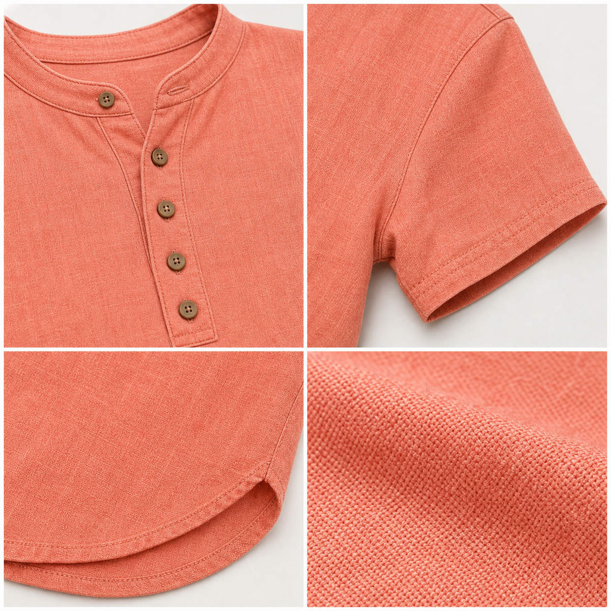 T3u0715001 collar button placket sleeve hem and linen blend fabric details