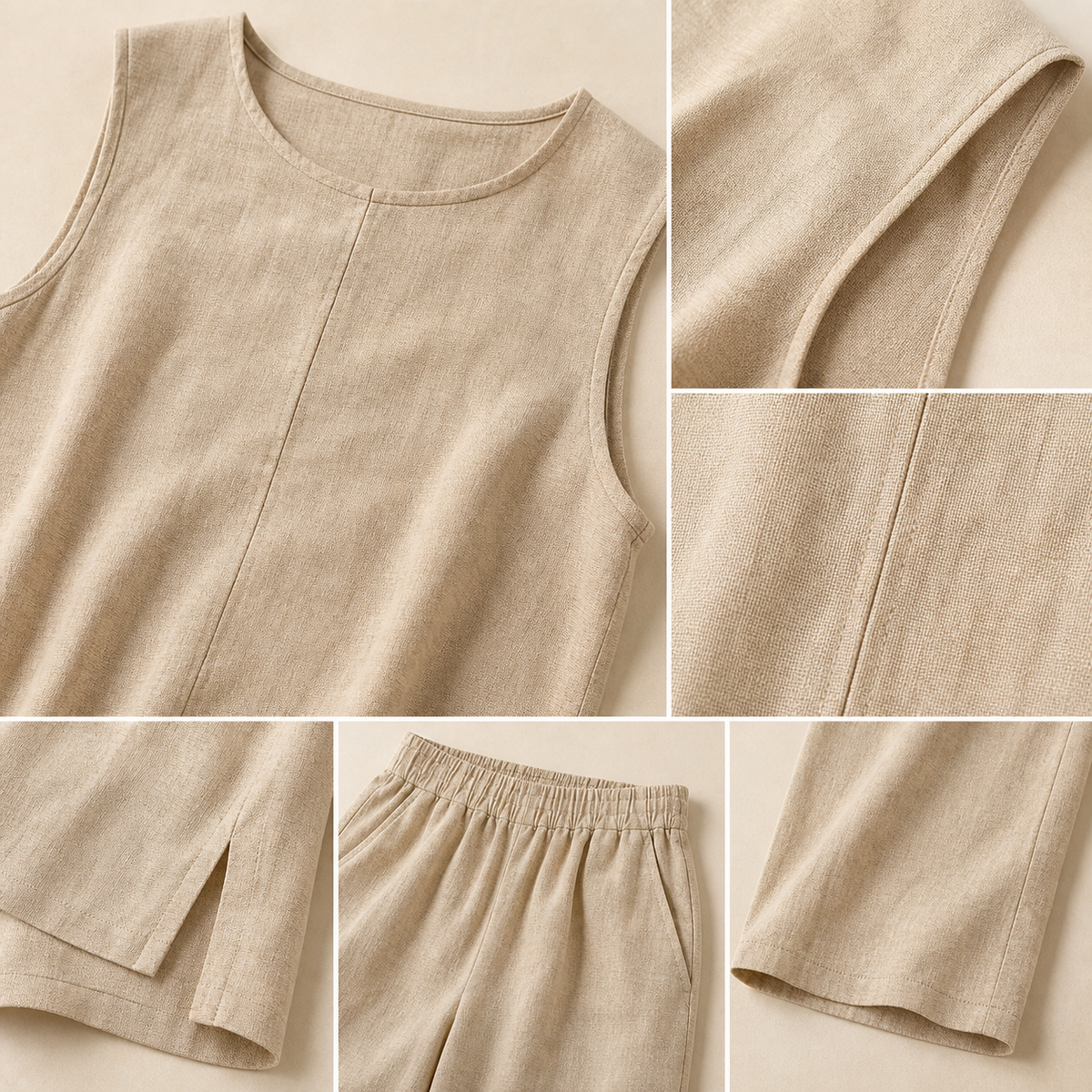 5tu0723002 set fabric neckline center seam side slit pants waistband hem details