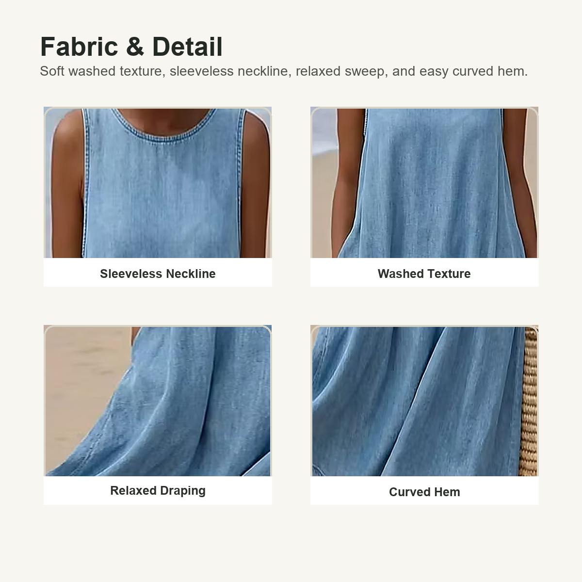 6tu0725001 sleeveless neckline washed texture drape and hem details