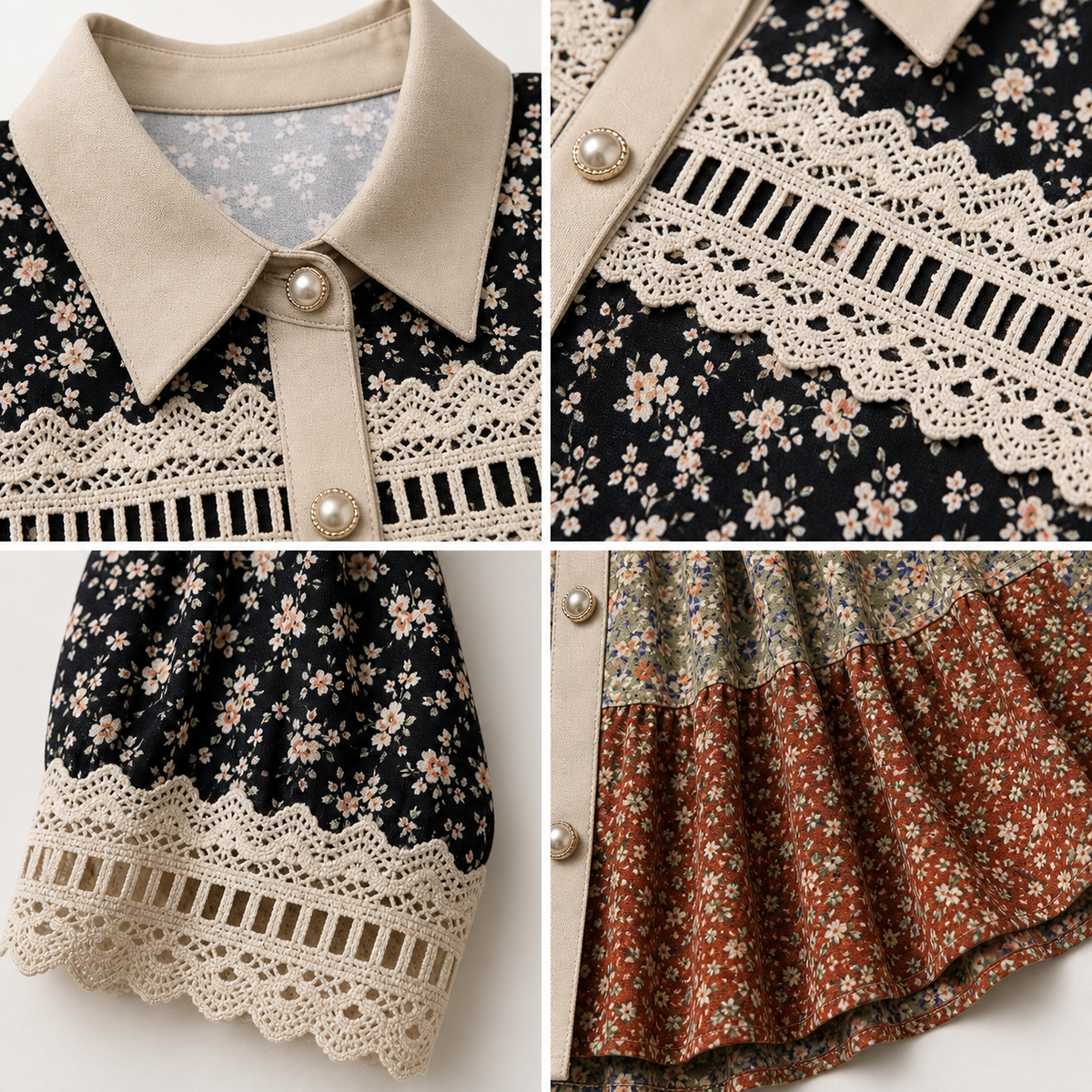 T3u0715002 collar button lace sleeve and patchwork hem details