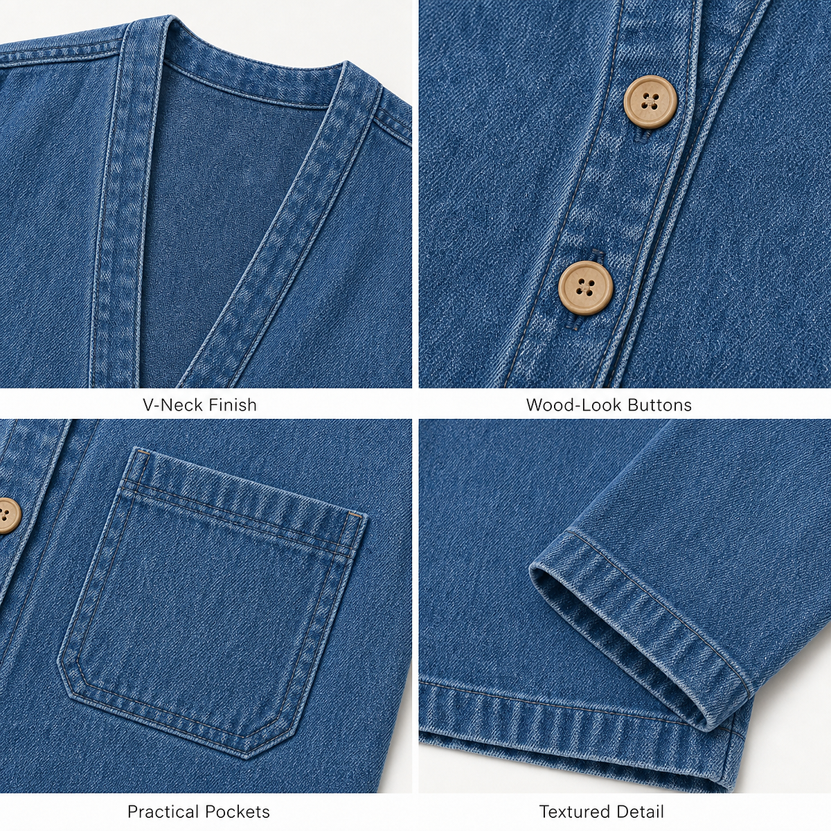 1tu0727001 V-neck buttons pockets cuff and denim-look texture details
