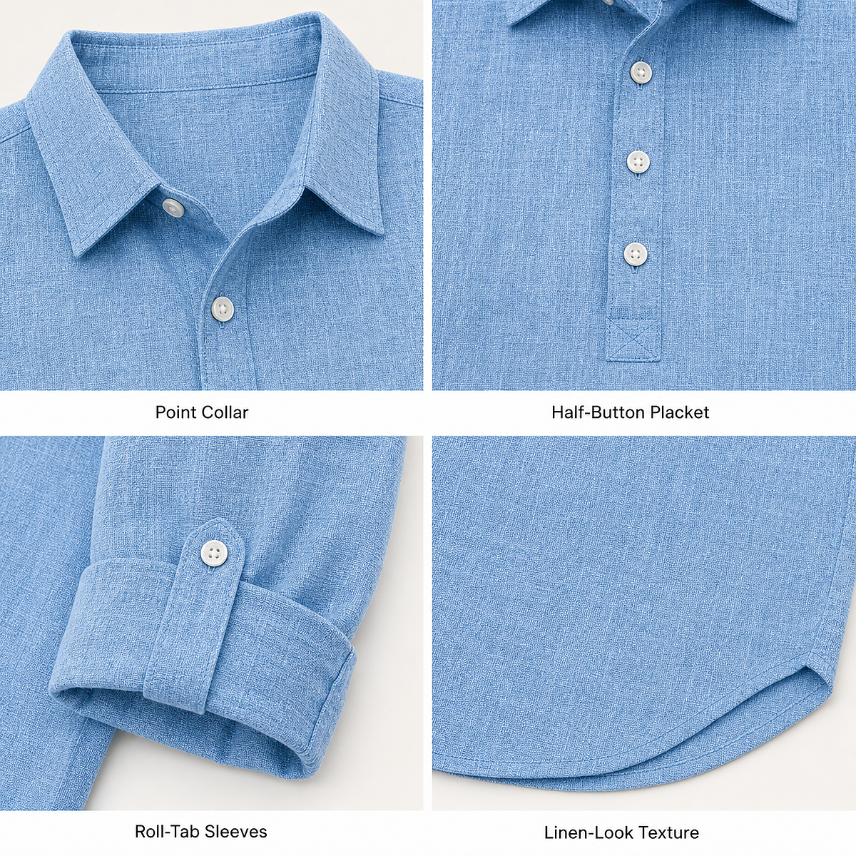 1tu0728001 point collar half-button placket roll-tab sleeves hem and linen-look texture details
