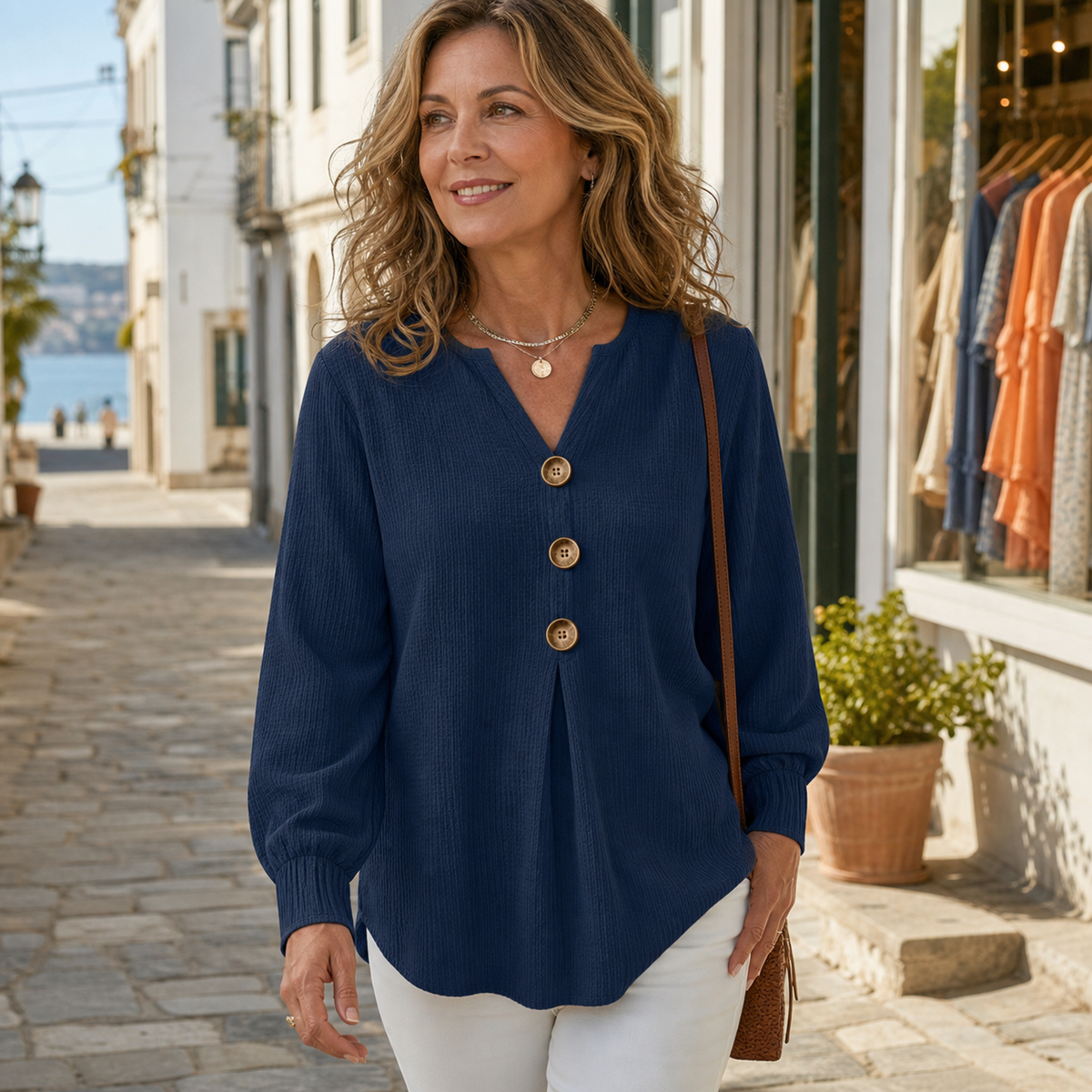 T3u0716002 women's textured tunic blouse travel lifestyle scene