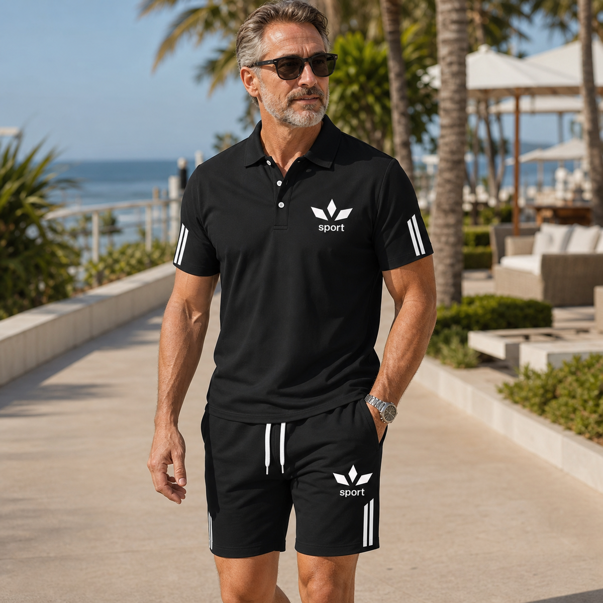 4tu0723004 men's polo and shorts set lifestyle scene