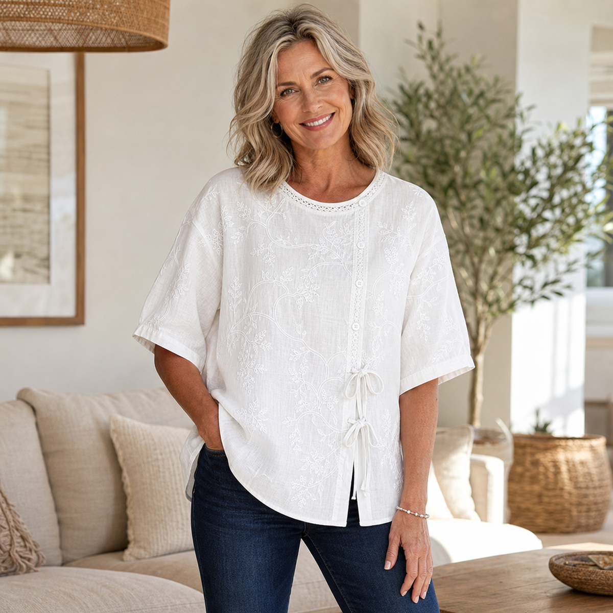 4tu0716003 mature woman wearing embroidered tie-front blouse