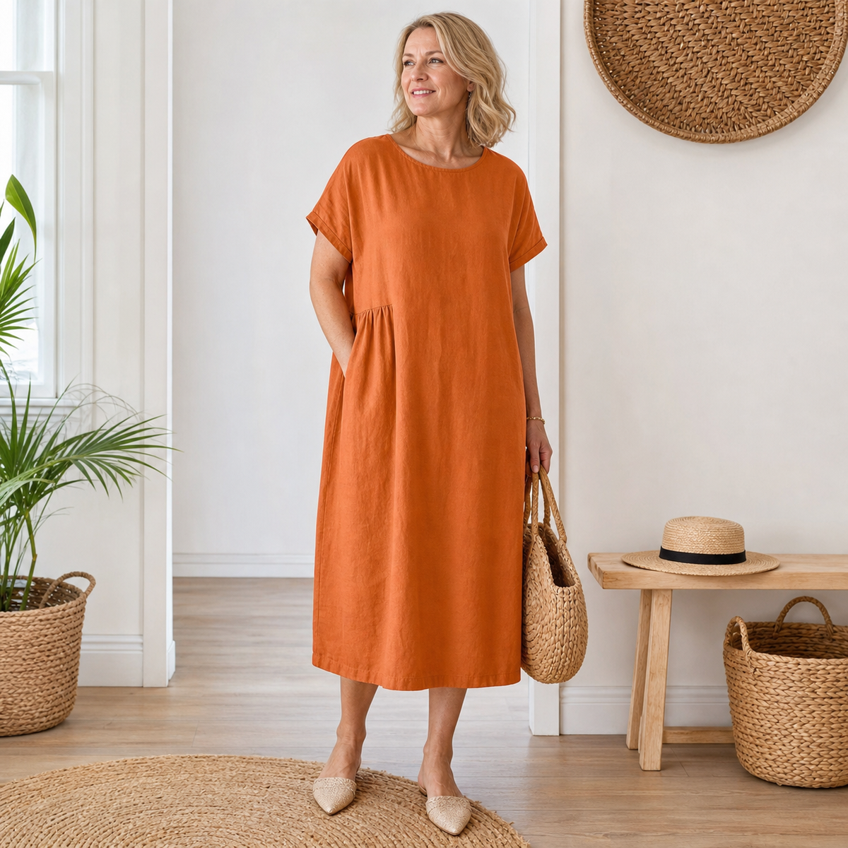 T3u0714004 mature woman wearing relaxed linen blend pocket midi dress