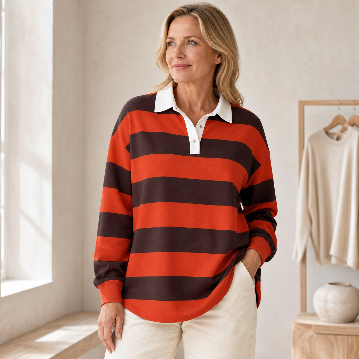 4tu0722002 mature woman wearing striped rugby polo long sleeve top