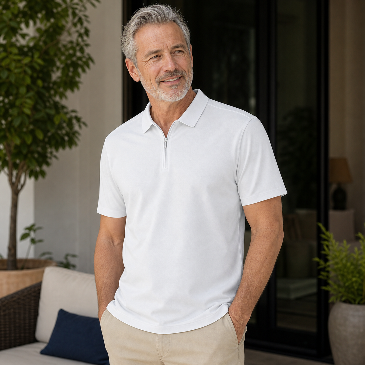 T3u0725001 mature man wearing white short sleeve half-zip polo shirt