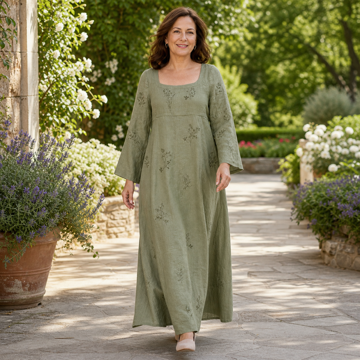 6tu0727001 mature woman wearing sage embroidered square neck maxi dress
