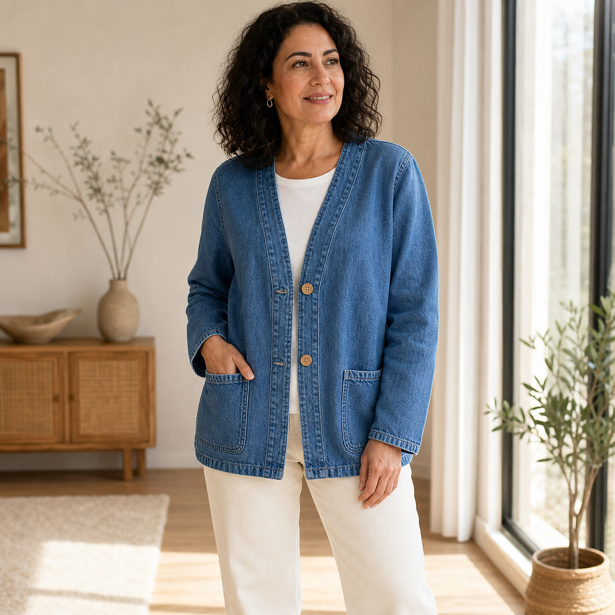1tu0727001 mature woman wearing Classic Blue denim-look button cardigan jacket