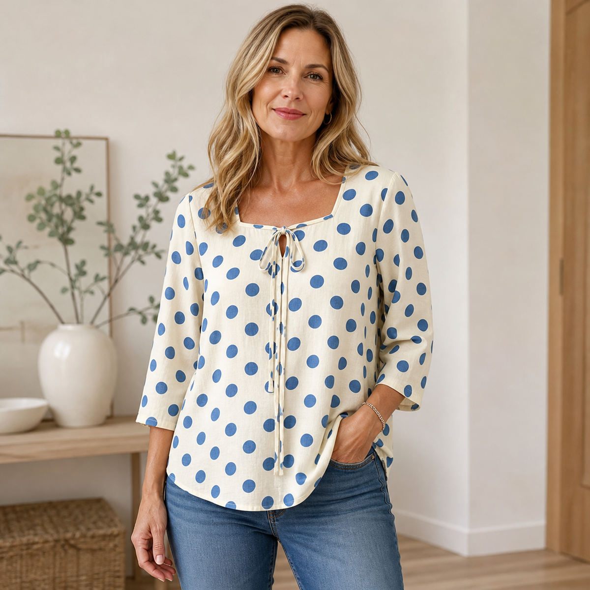 T3u0716001 mature woman wearing cream blue polka dot tie front blouse