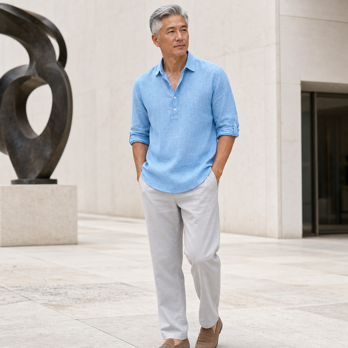 1tu0728001 Sand linen-look pullover shirt at a museum courtyard