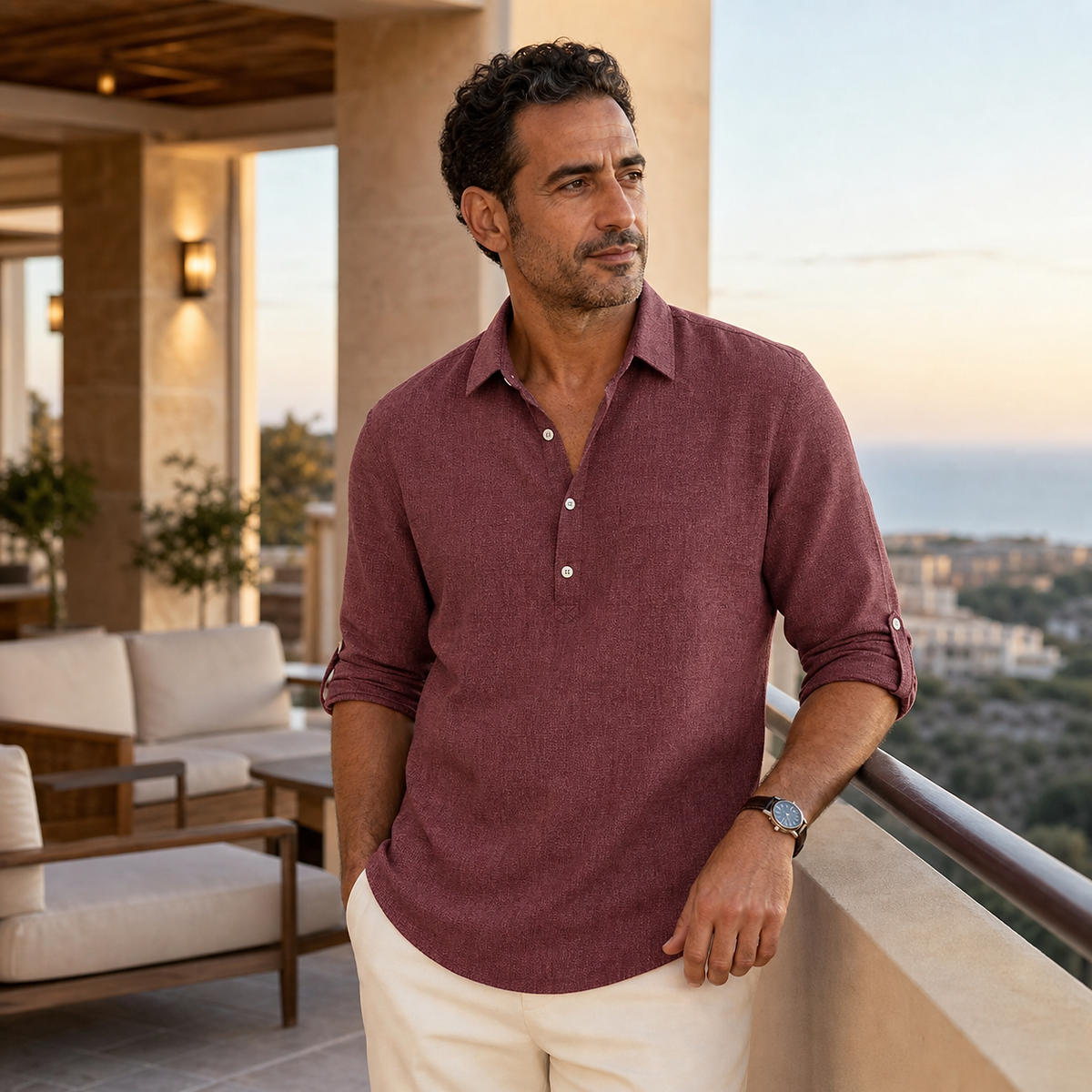 1tu0728001 Burgundy linen-look pullover shirt on a hotel terrace