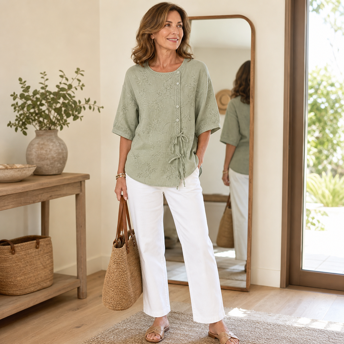 4tu0716003 embroidered tie-front blouse outfit styling
