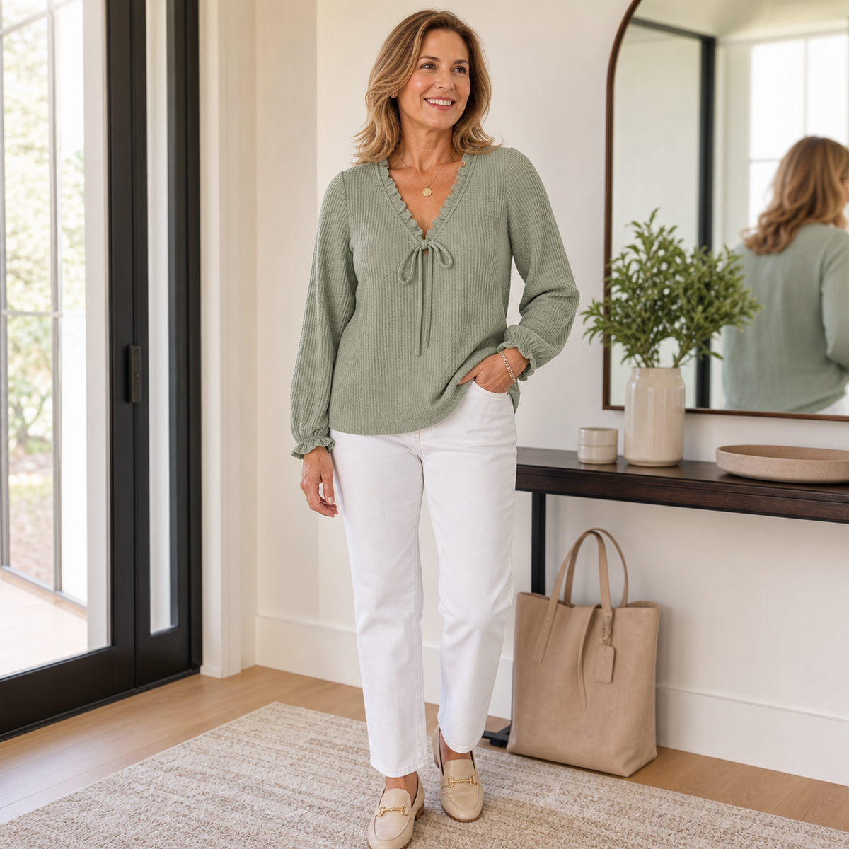 4tu0720001 textured knit tie-front top outfit styling