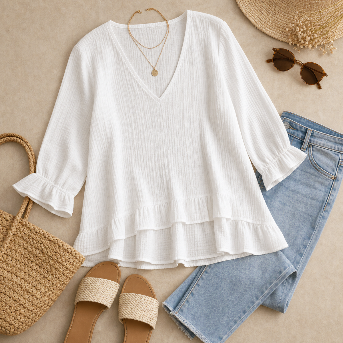 4tu0723001 relaxed V-neck blouse outfit styling