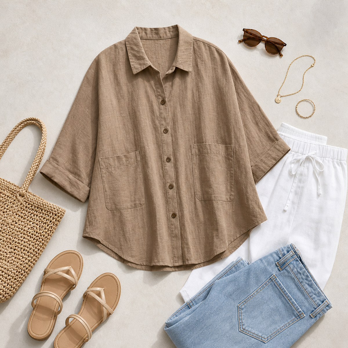 4tu0723002 relaxed button-front shirt blouse outfit styling