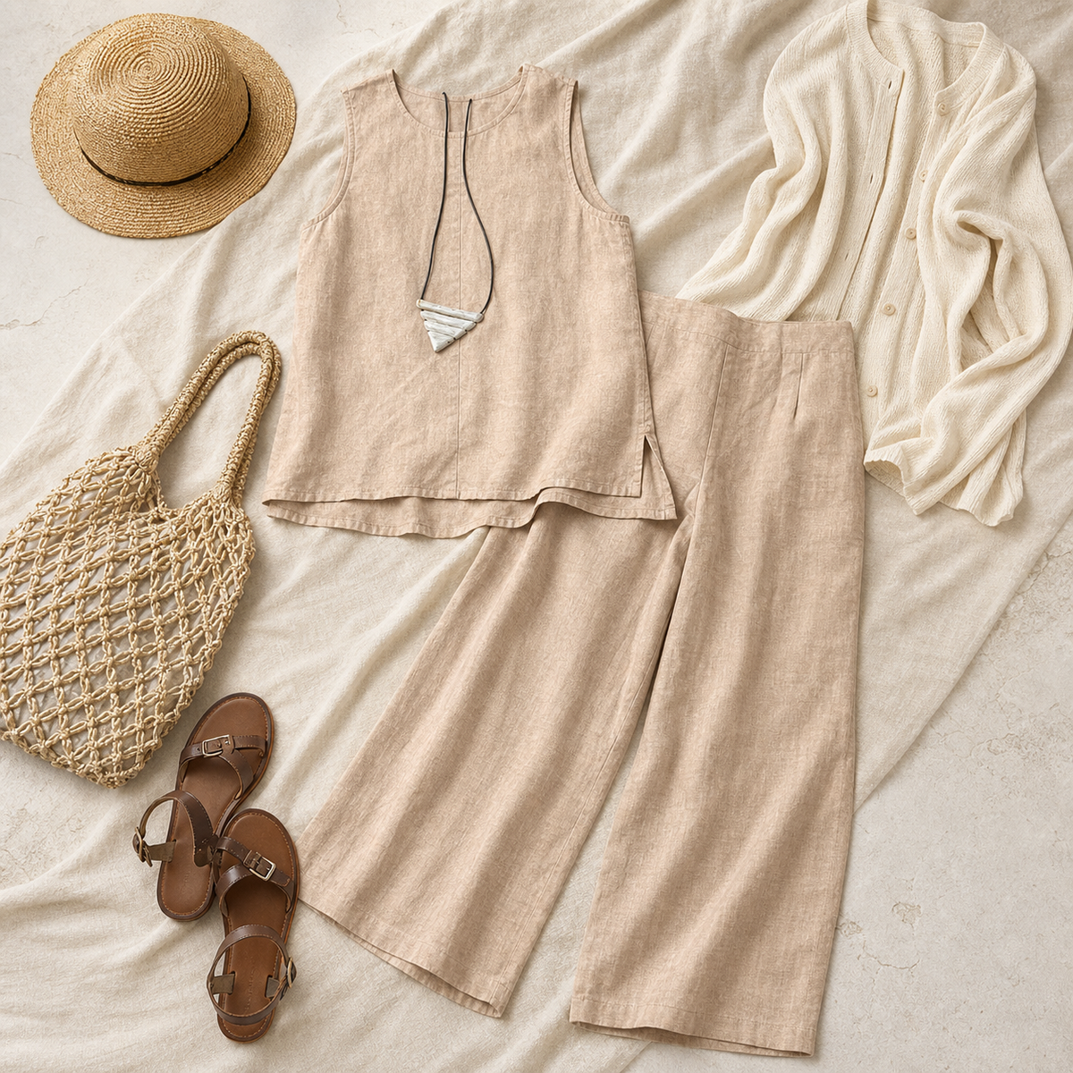 5tu0723002 sleeveless linen-look set outfit styling flat lay