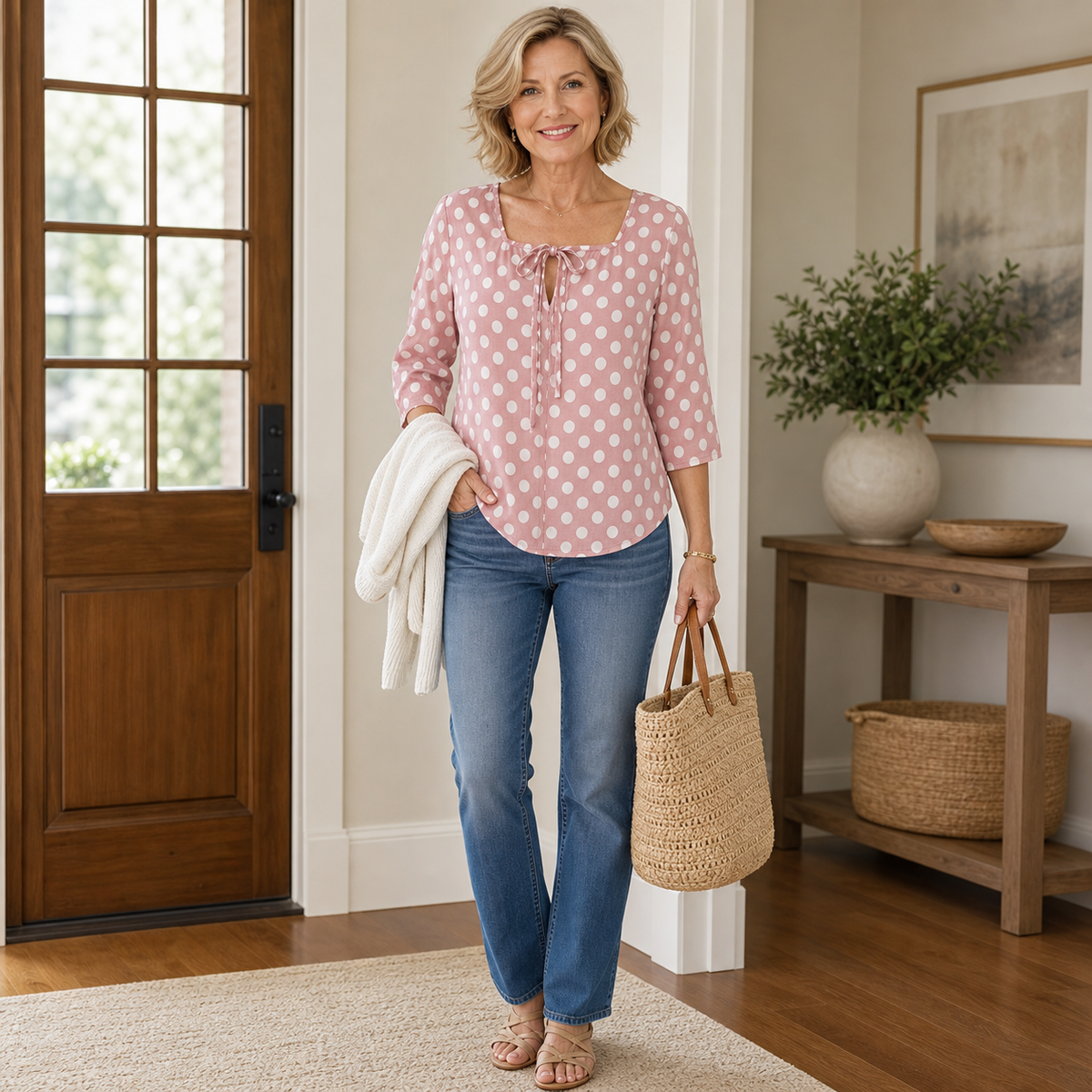 T3u0716001 women's polka dot blouse outfit styling