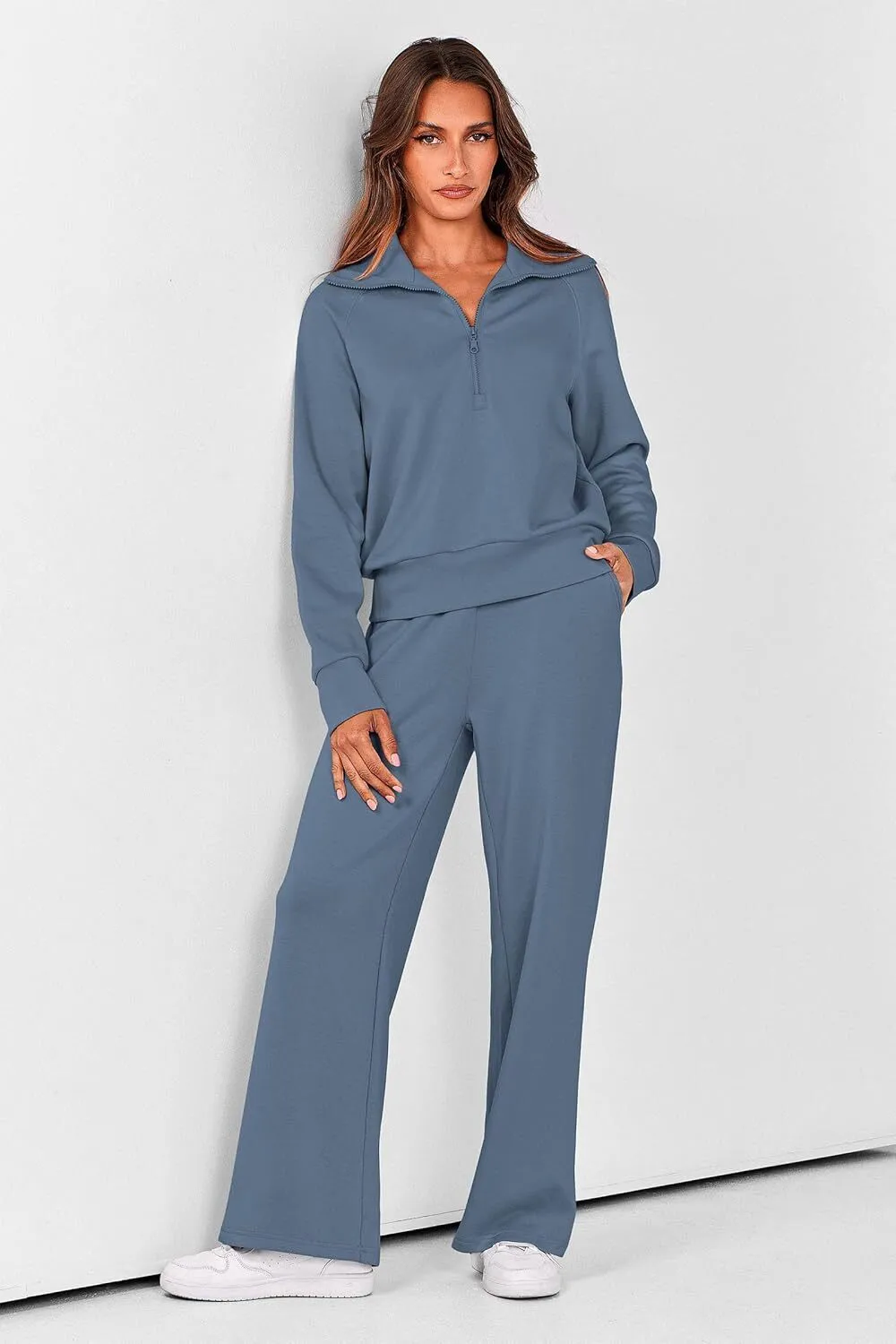 Women's 2 Piece Outfits Casual Lapel Half Zip Sweatshirts And Wide Leg Pants Tracksuit Sets