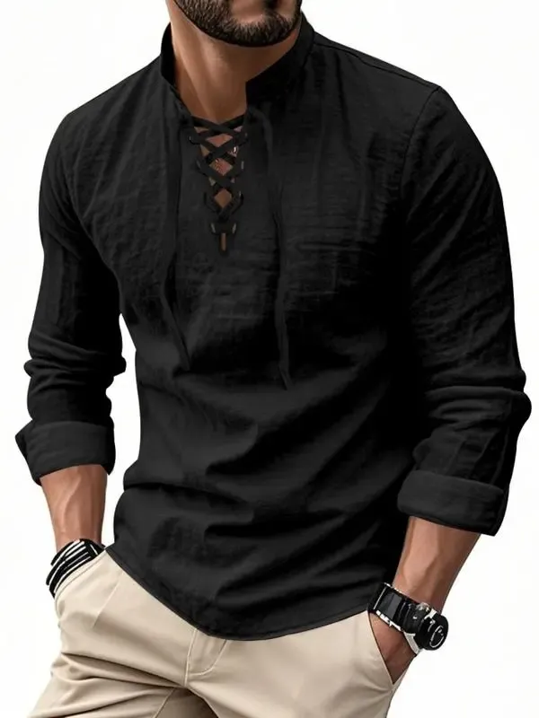 Men's Linen Casual Long Sleeve Polo Shirt