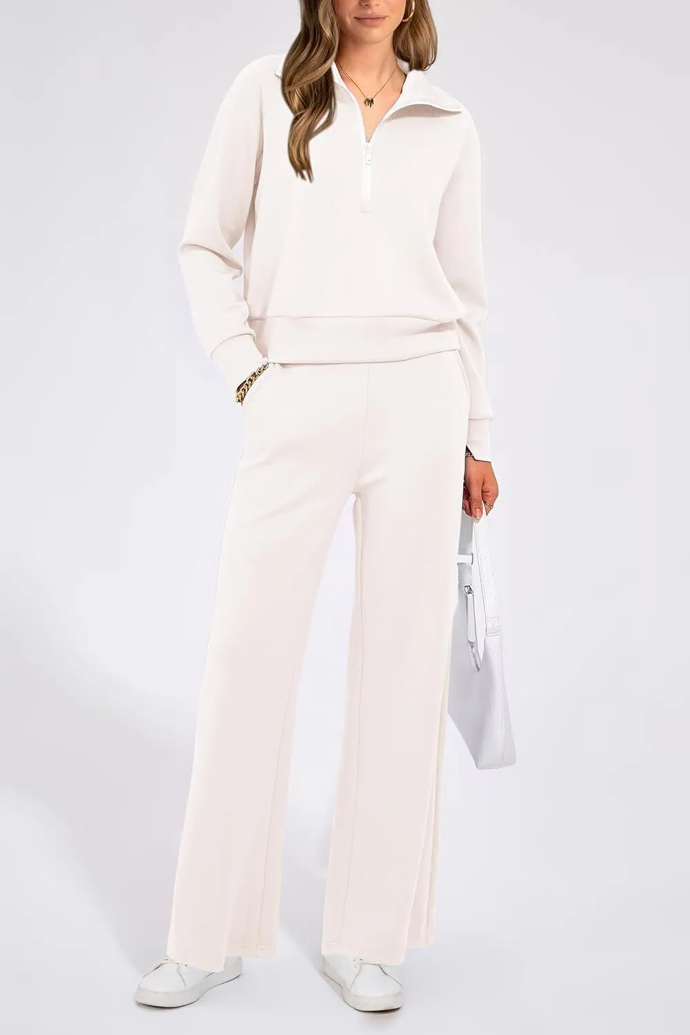 Women's 2 Piece Outfits Casual Lapel Half Zip Sweatshirts And Wide Leg Pants Tracksuit Sets