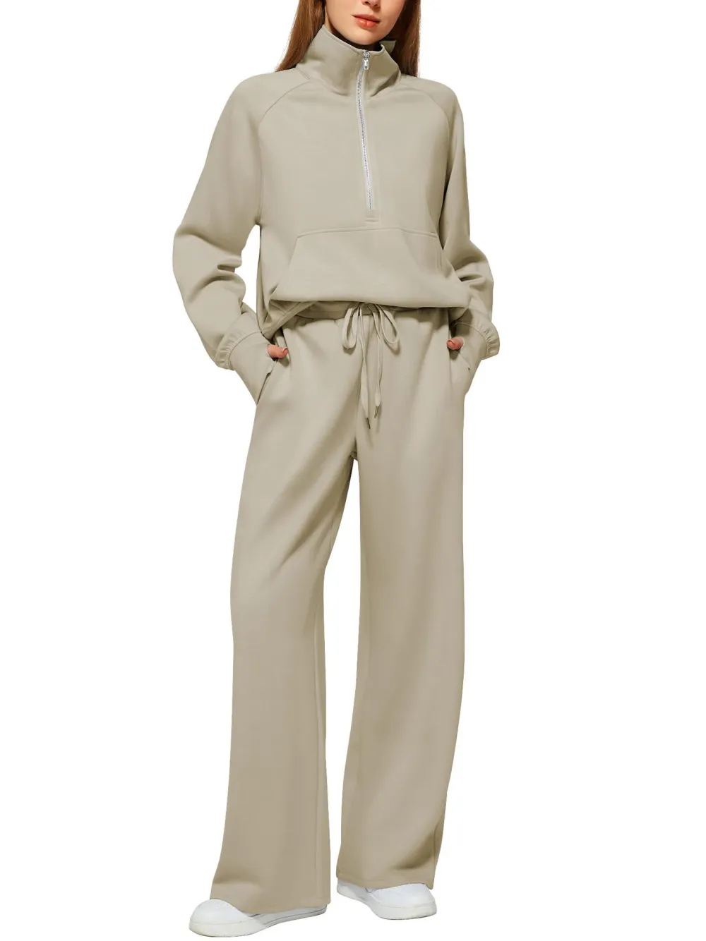 CLEARANCE SALE🔥 Women's Solid Color Cotton Half Zip Two-Piece Set