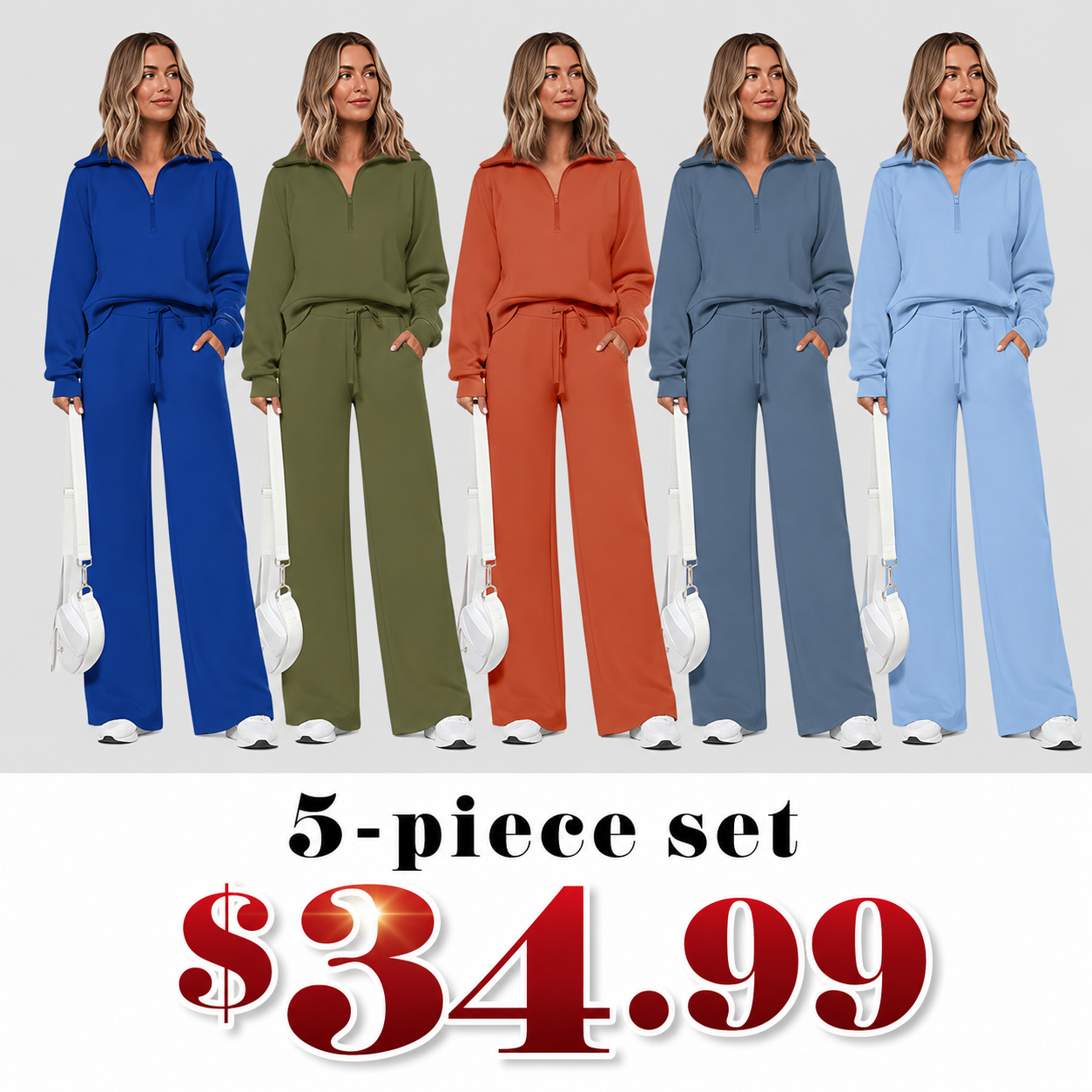Women's 2 Piece Outfits Casual Lapel Half Zip Sweatshirts And Wide Leg Pants Tracksuit Sets