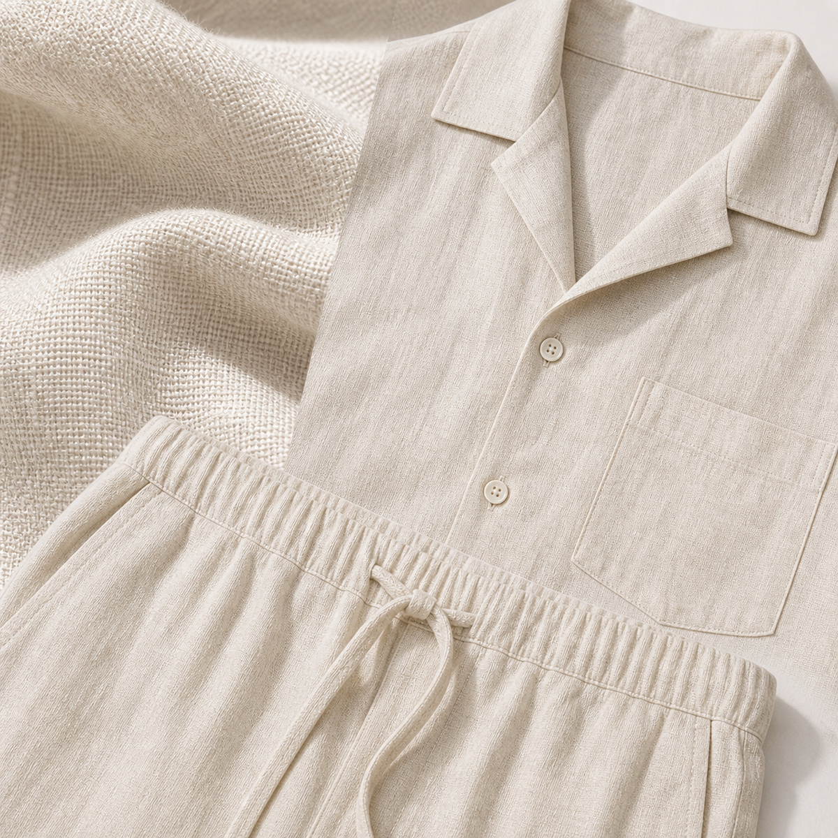 Linen-look weave, Cuban collar, chest pocket, buttons, and drawstring waist details