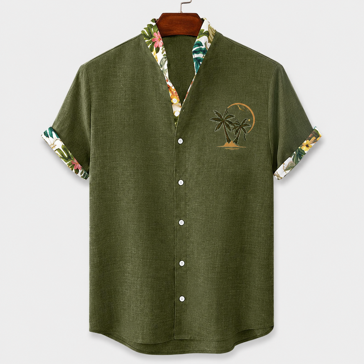 Men’s Casual Short Sleeve Button Shirt with Tropical Trim
