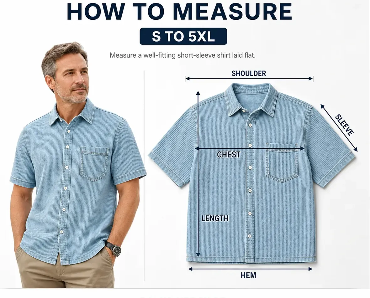 T3u0801002 EU and US size measurement guide with men's short sleeve shirt