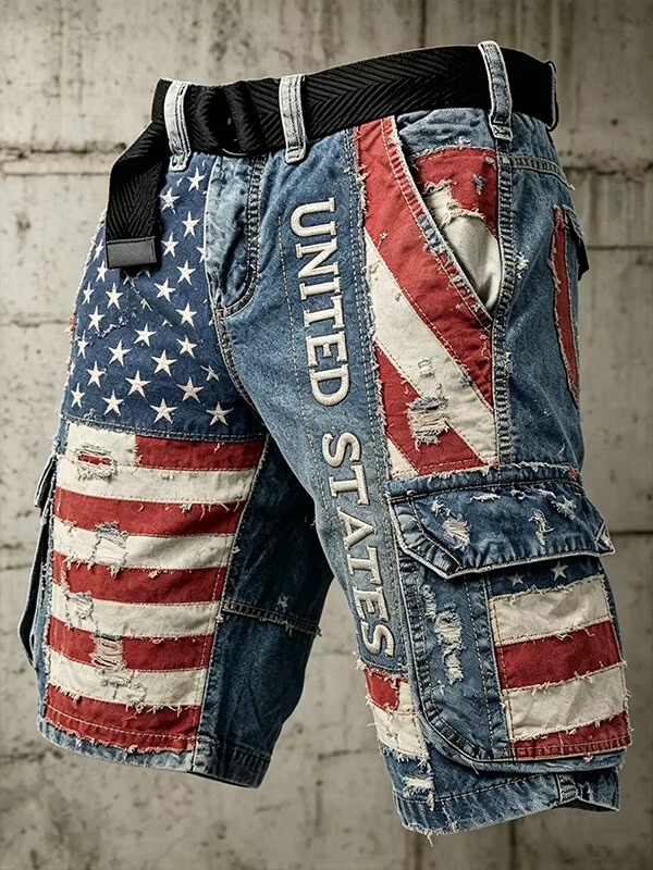 Men's American Flag Print Denim-Like Casual Shorts
