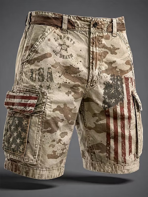Men's American Flag Print Denim-Like Casual Shorts