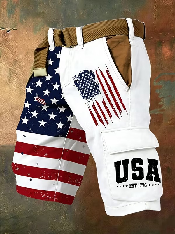 Men's American Flag Print Denim-Like Casual Shorts