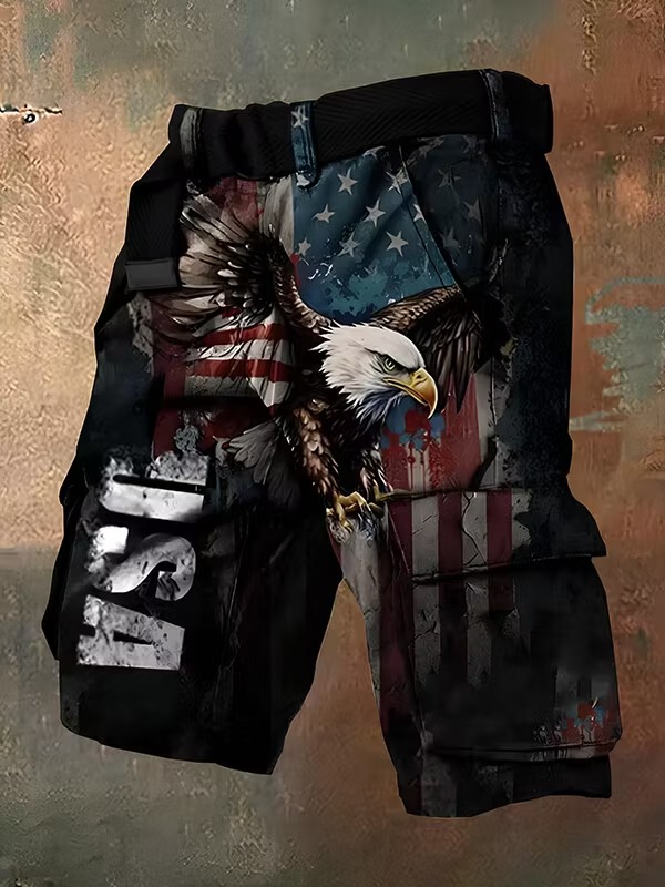 Men's American Flag Print Denim-Like Casual Shorts